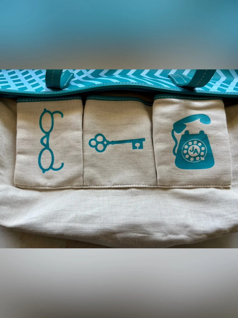 Jonathan Adler Teal Geometric Print Zip Top Tote Shoulder Bag